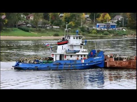 Буксир Шлюзовой 125 с баржой 7663 проходит Тутаев вверх по Волге 15 09 2021г